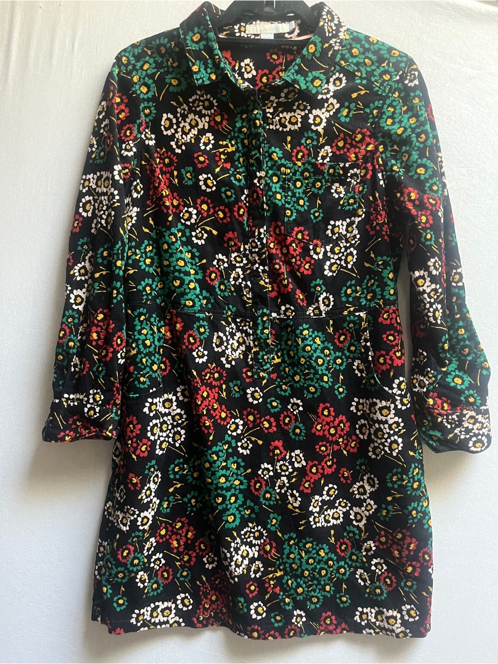 Boden Floral Corduroy Shirt Dress Black Multi Print Button-Front Sz 8P